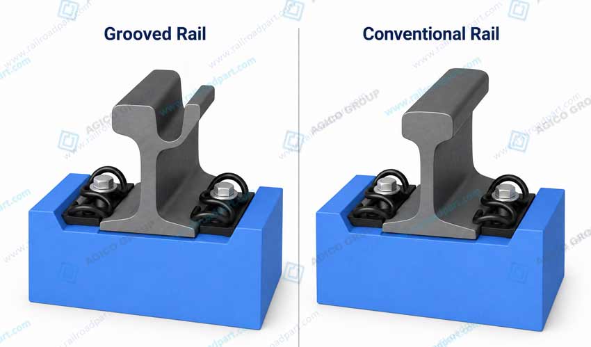 Grooved rail and conventional rail fastening comparison