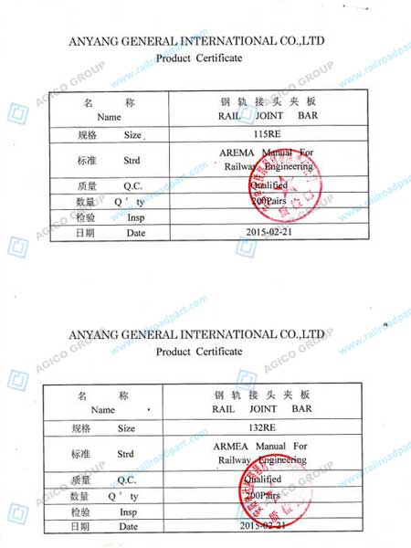 115RE&132RE Fishplate Test Certificate